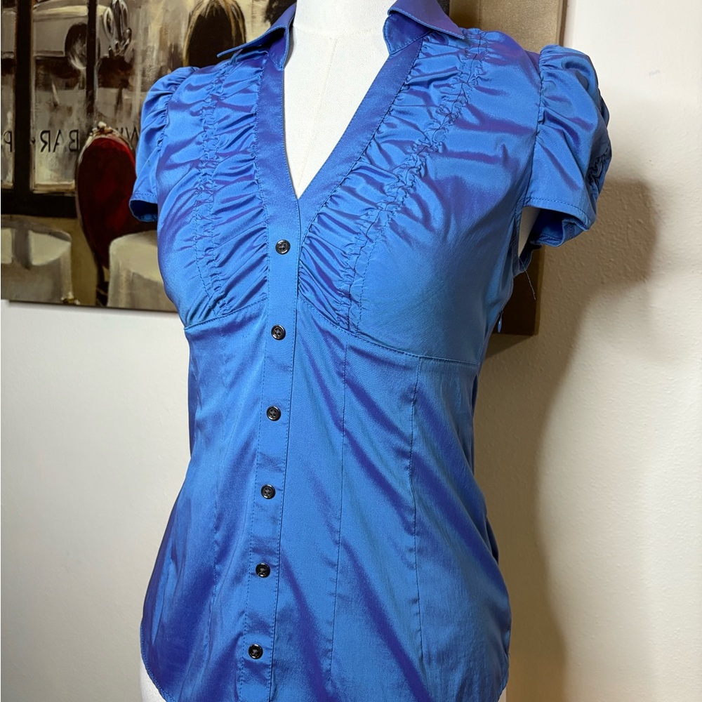 Express Blue Iridescent Ruffle Blouse - Picture 2 of 8